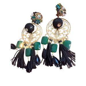 Mercedes Salazar Fiesta Chandelier Clip On Earrings Gold Tone Black Green Pearl